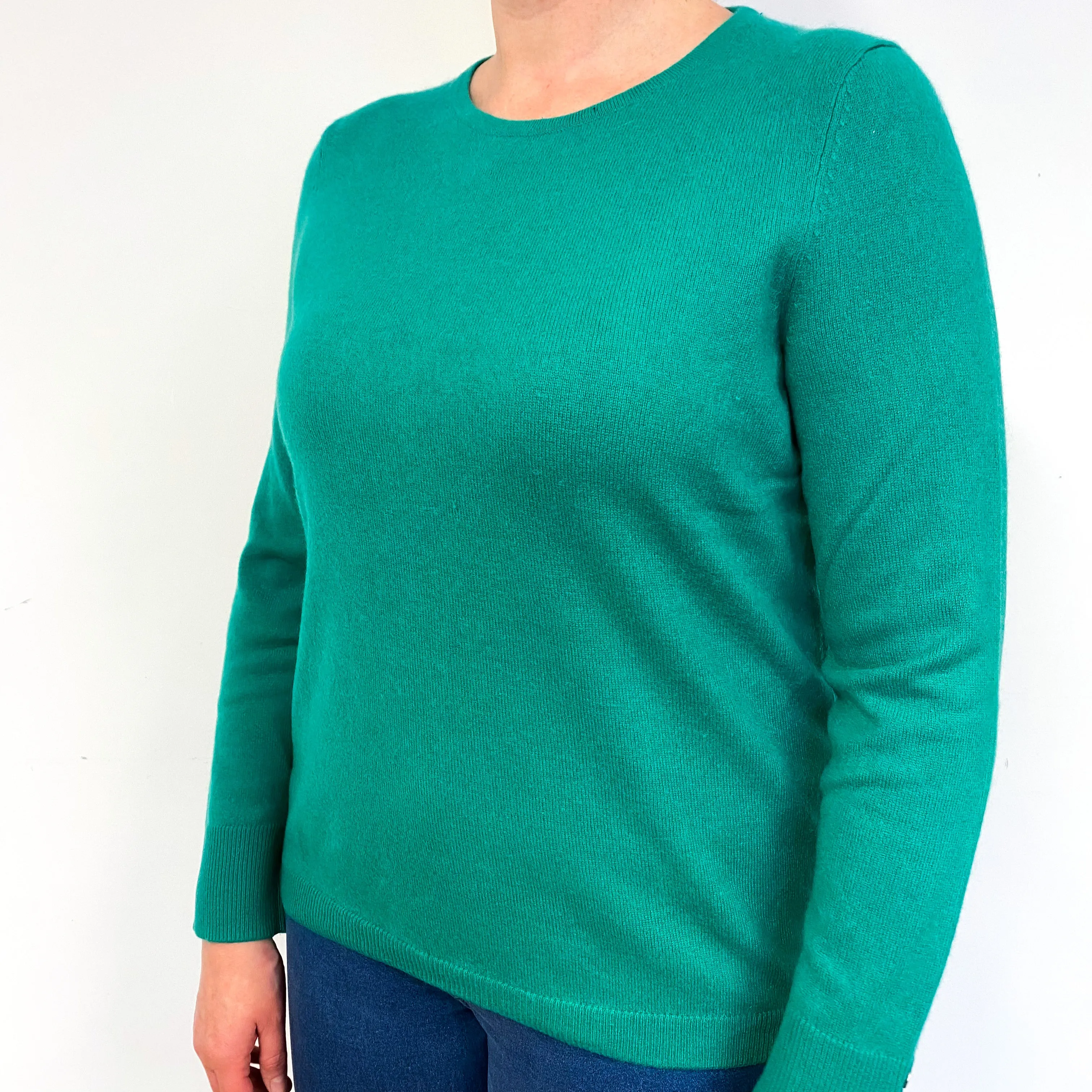 Emerald Green Button Cuff Cashmere Crew Neck Jumper Large