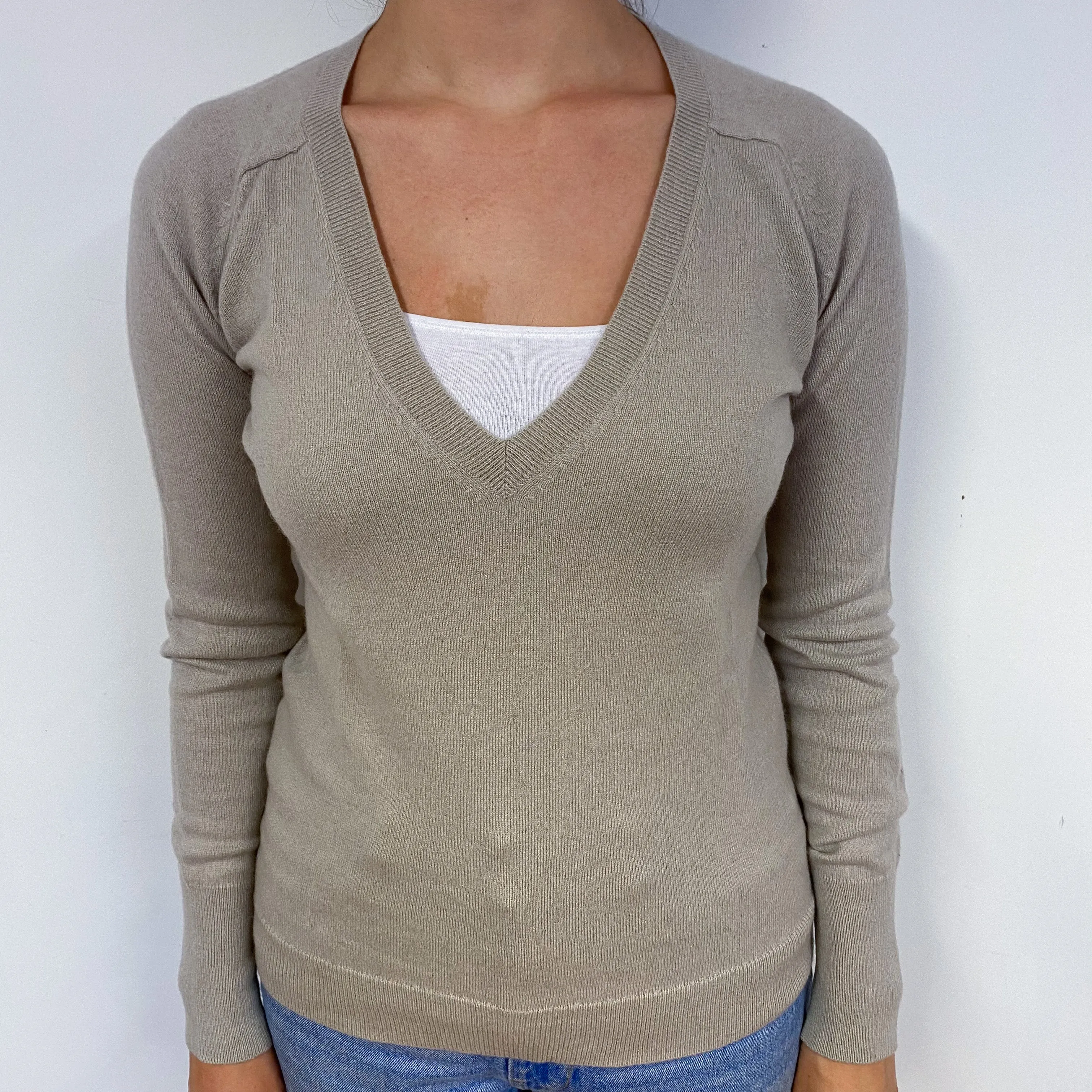Fawn Beige Cashmere V-Neck Jumper