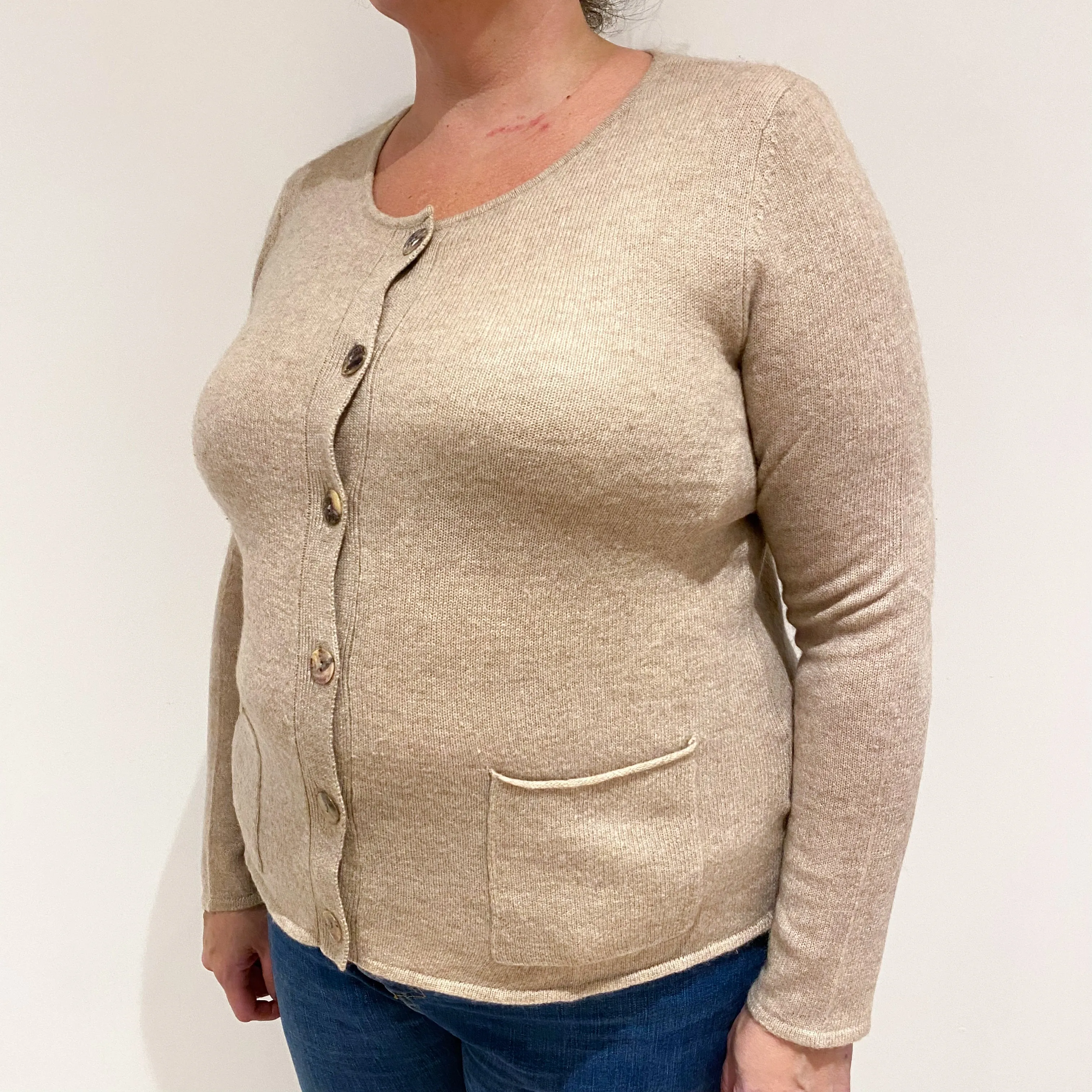 Fawn Beige Lightweight Cashmere Crew Neck Cardigan Extra Large