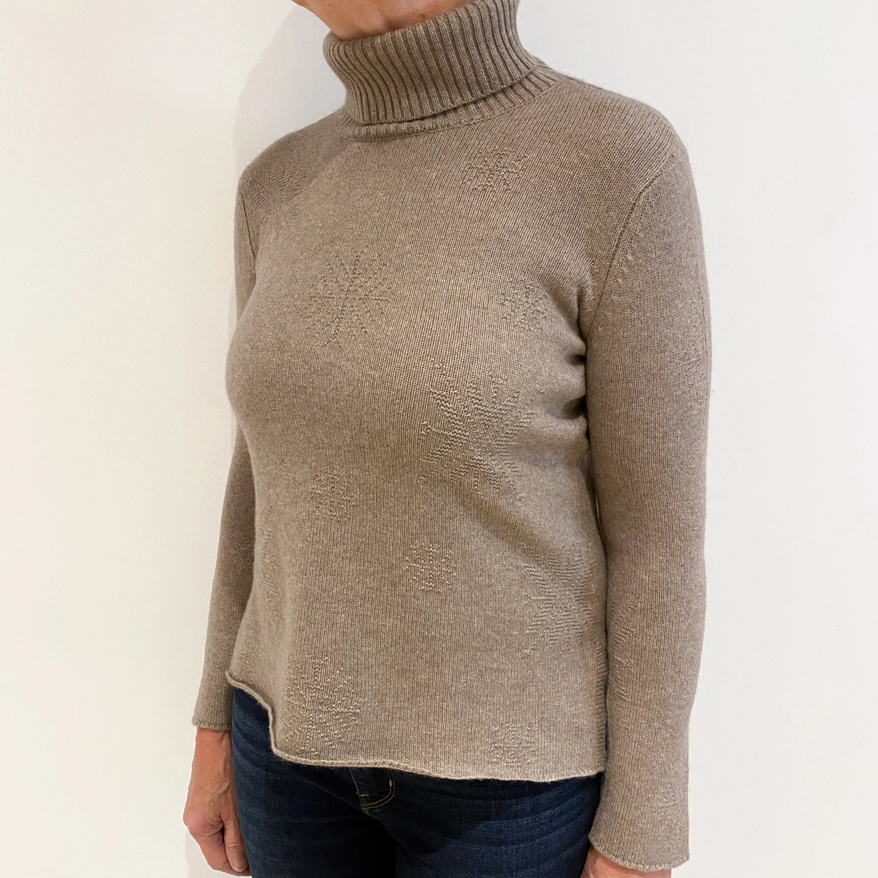 Fawn Brown Chunky Knit Cashmere Polo Neck Jumper Medium