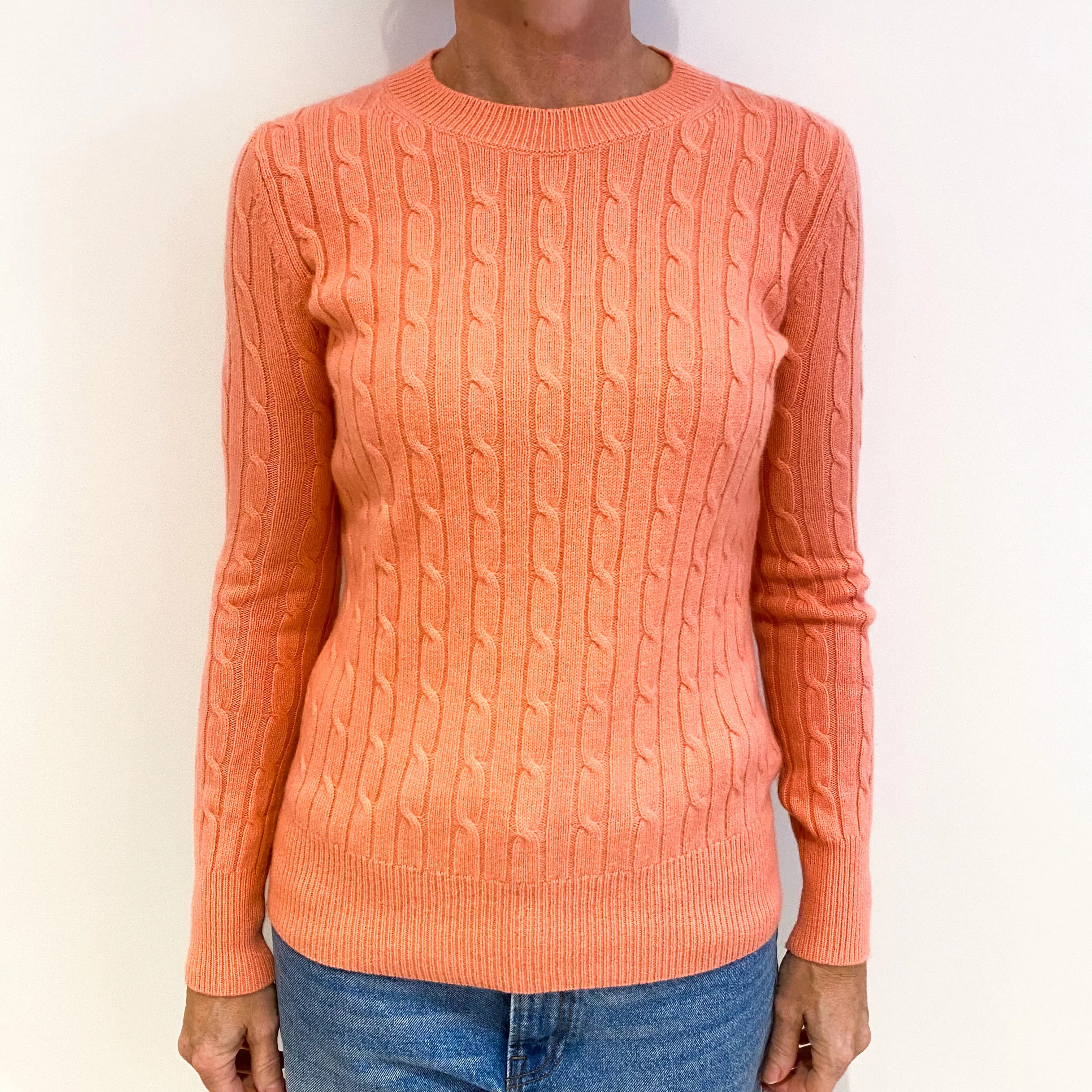 Flamingo Pink Cable Cashmere Crew Neck Jumper Small