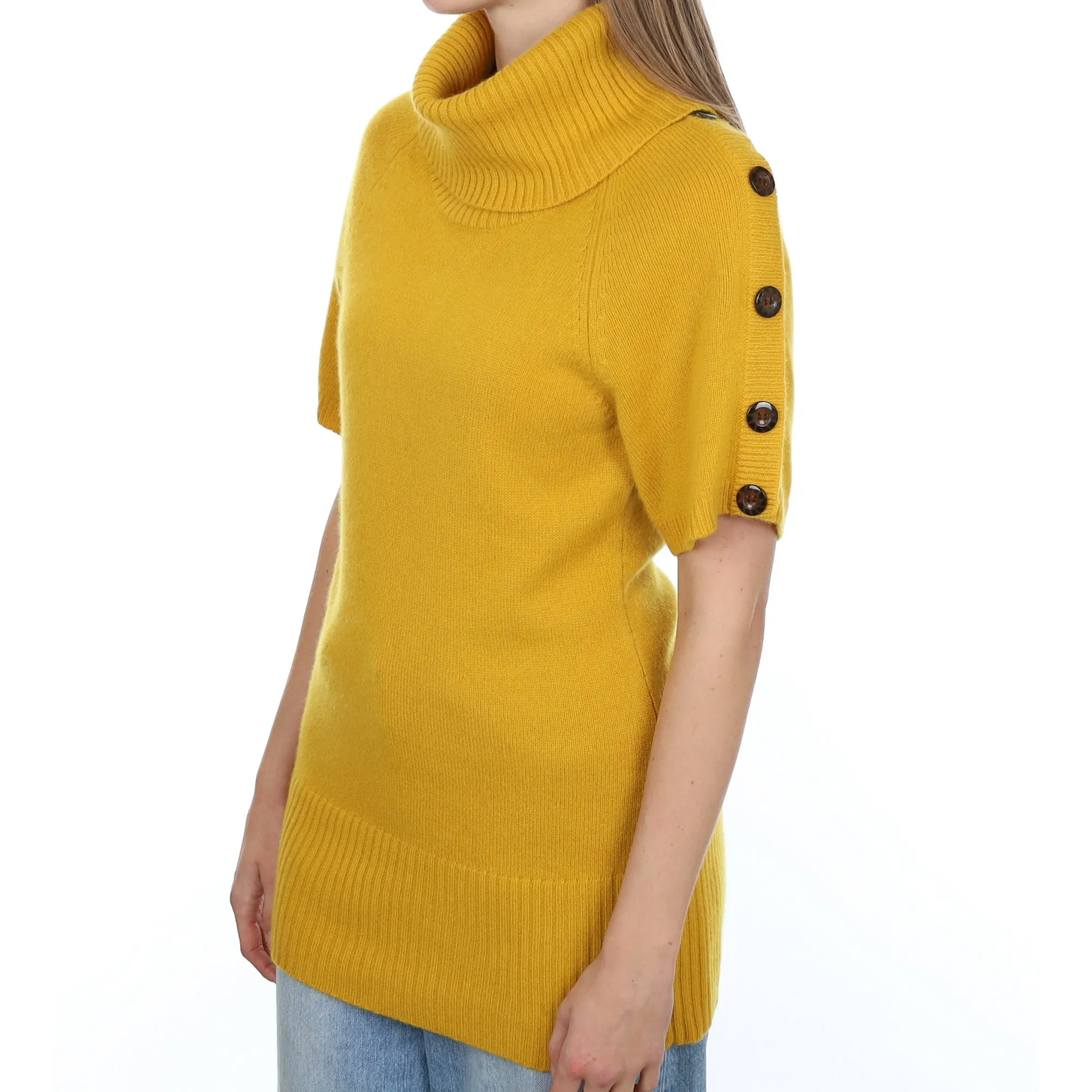 Flaxen Yellow Cashmere Short Sleeved Polo Neck Jumper Small