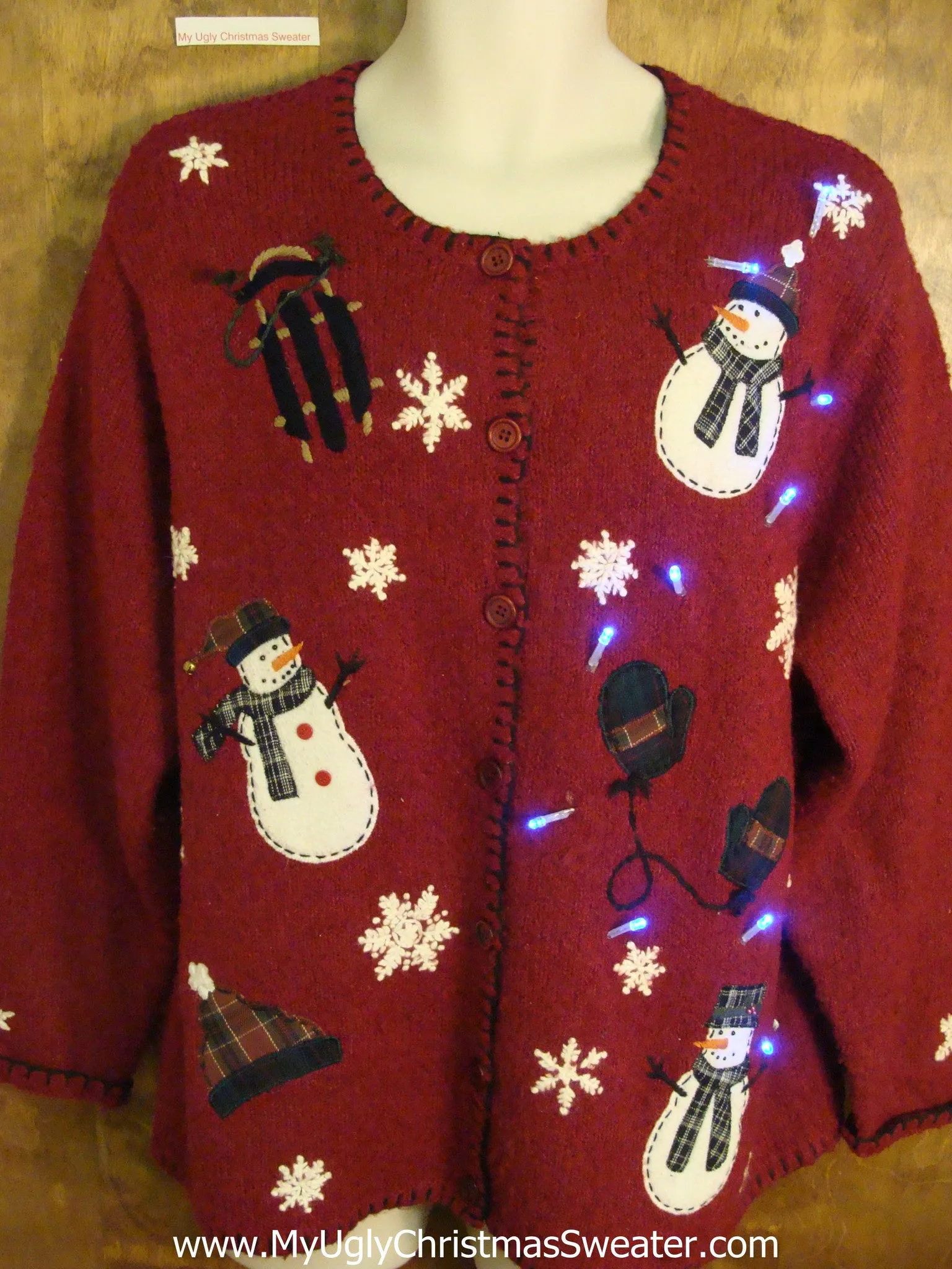 Floating Snowmen with Sled Cute Christmas Sweater with Lights
