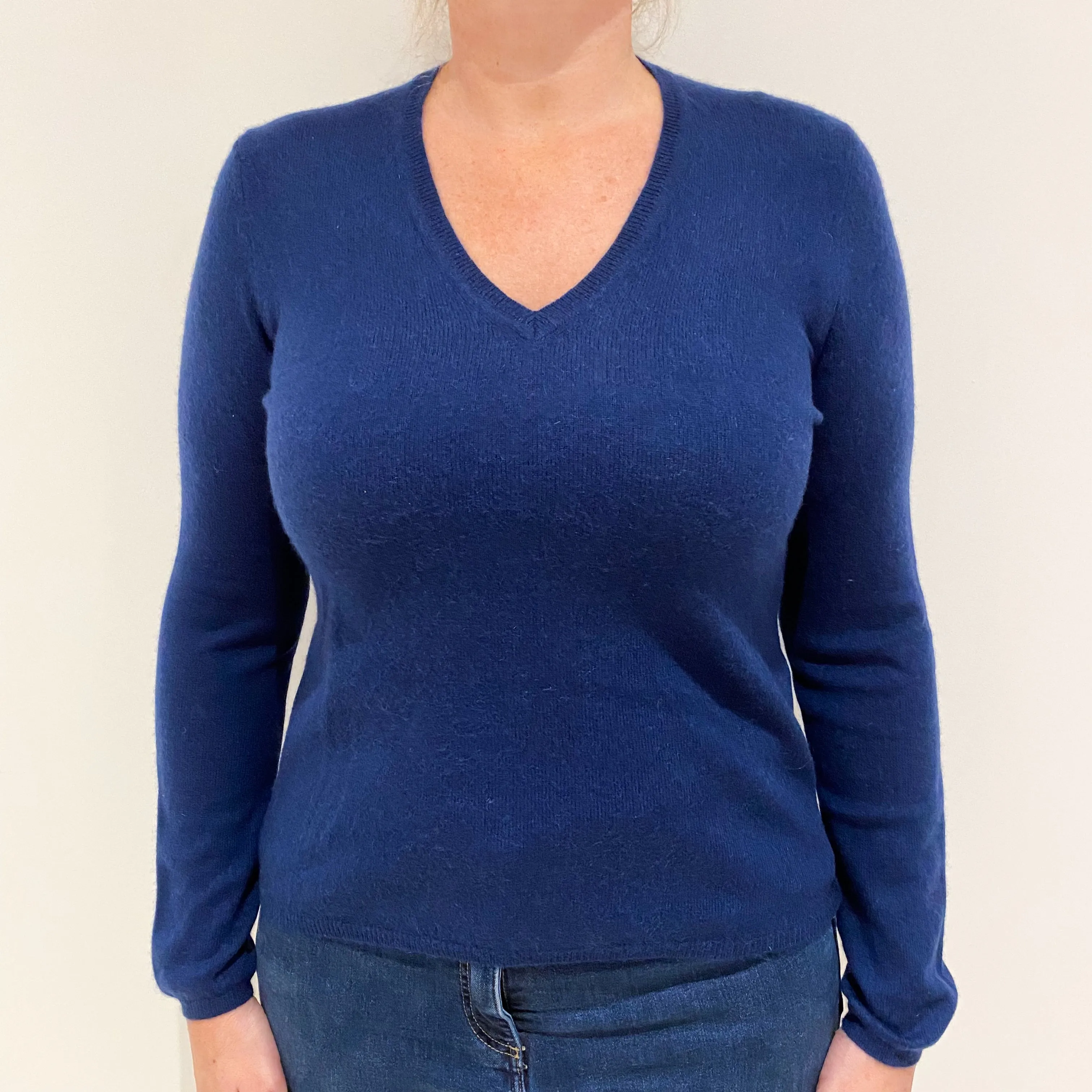French Navy Blue Cashmere V-Neck Jumper Large