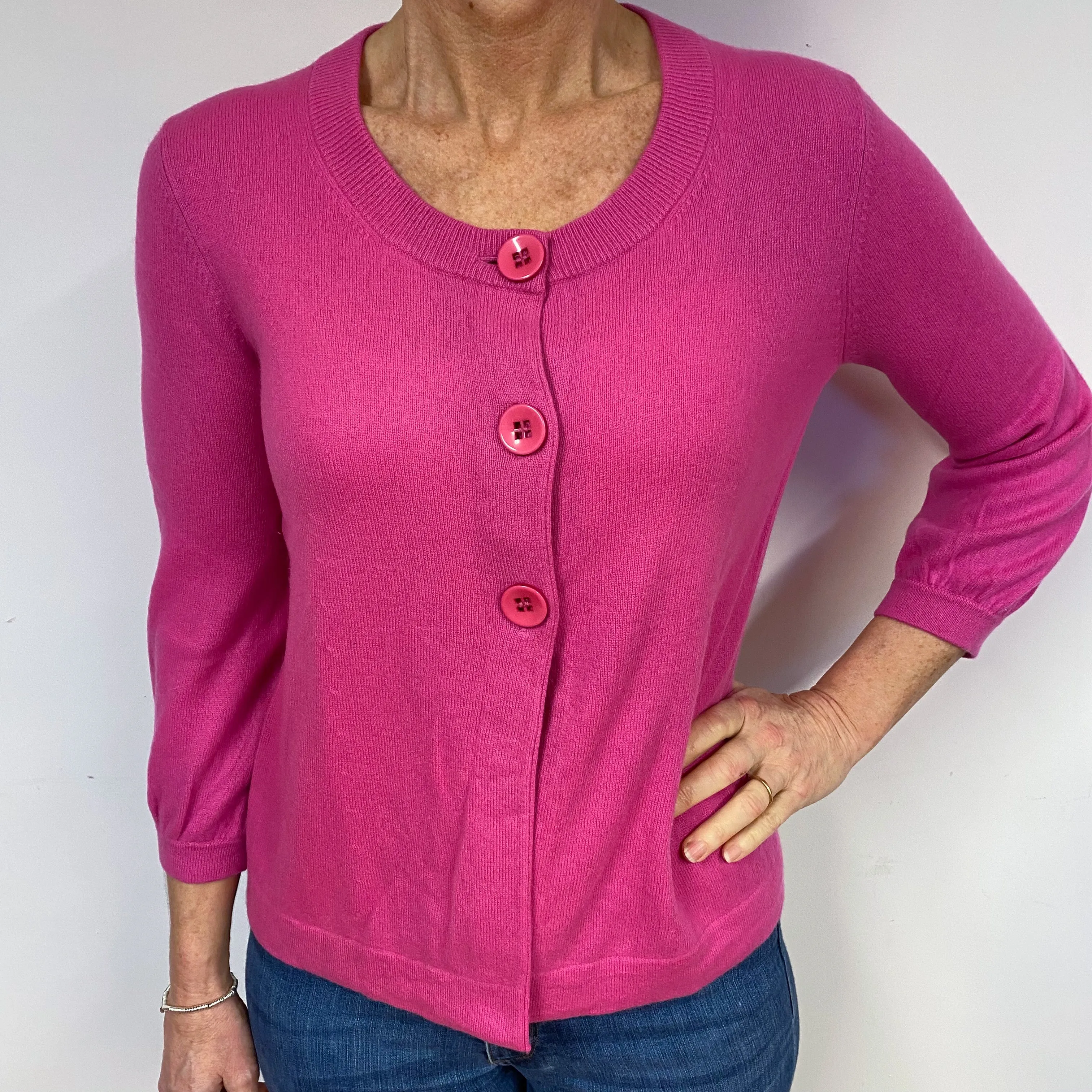 Fuchsia Pink 3/4 Sleeve Cashmere Crew Neck Cardigan Medium