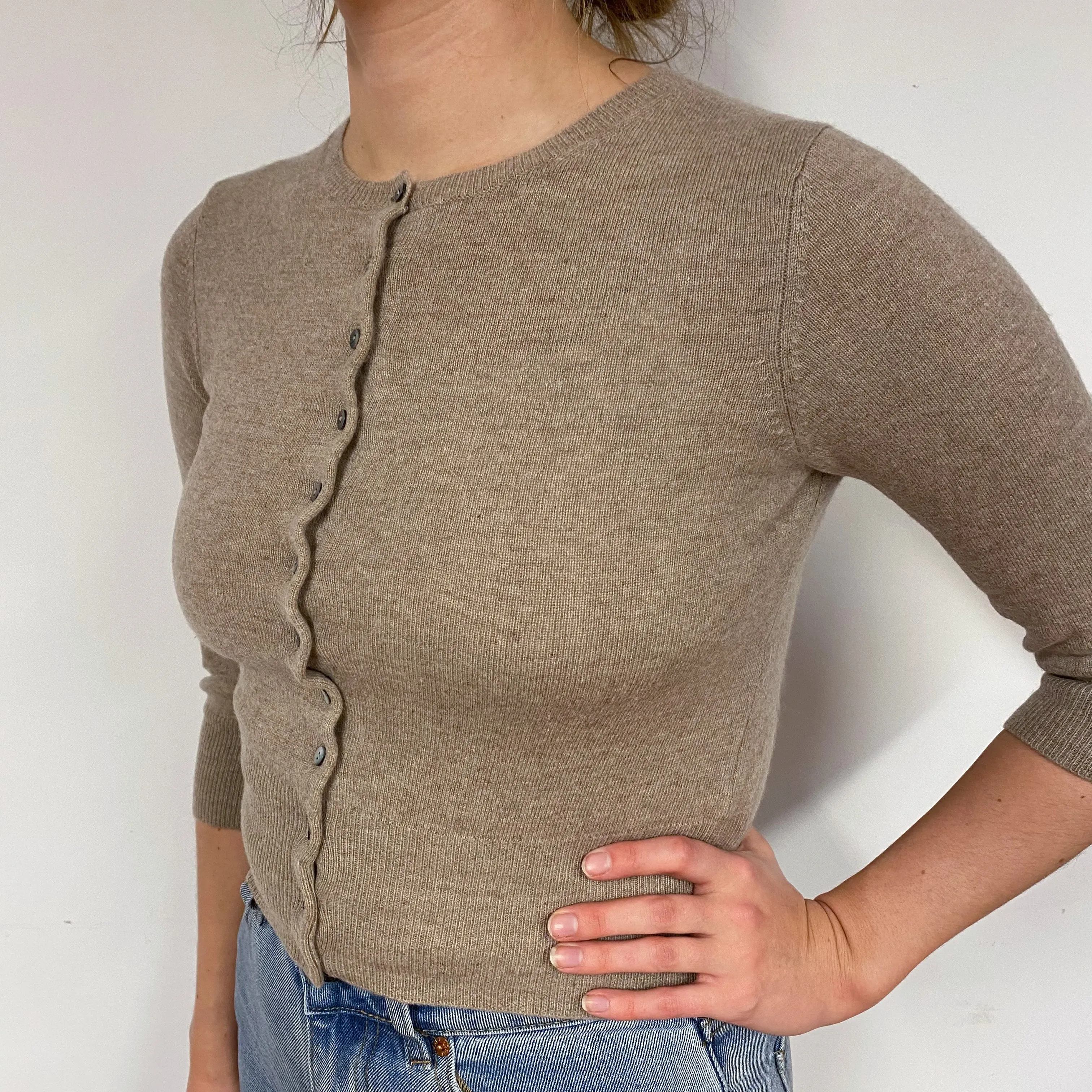 Fudge Brown Cashmere Cropped Crew Neck Cardigan Small