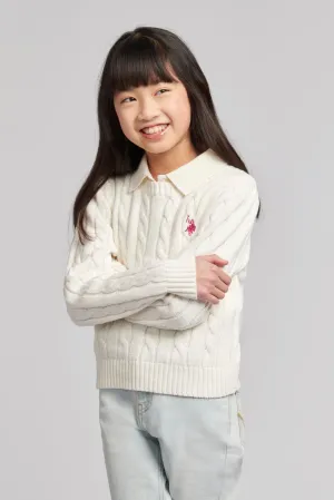 Girls Crew Neck Cable Knit Jumper in Marshmallow
