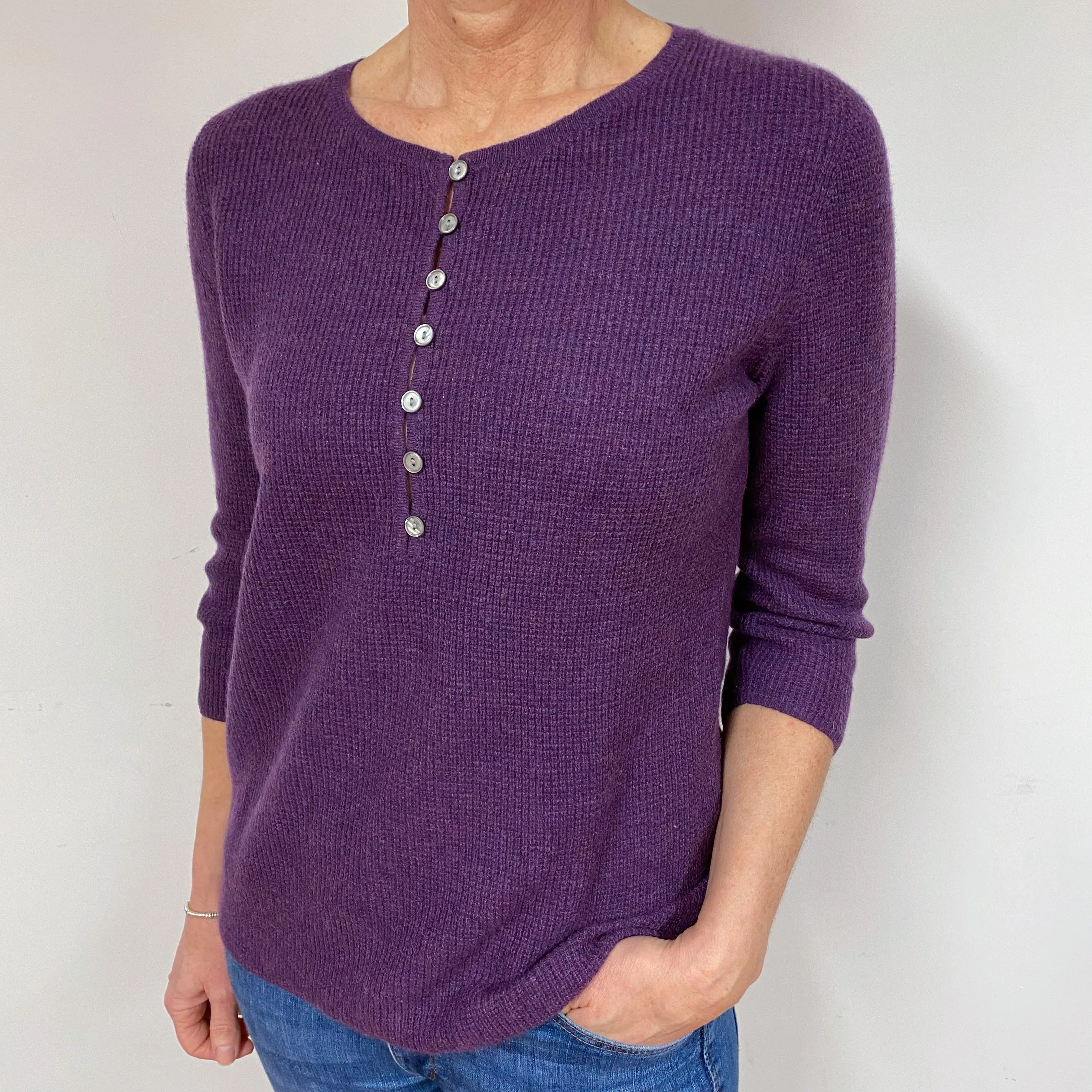 Grape Purple Waffle Cashmere Crew Neck Jumper Medium