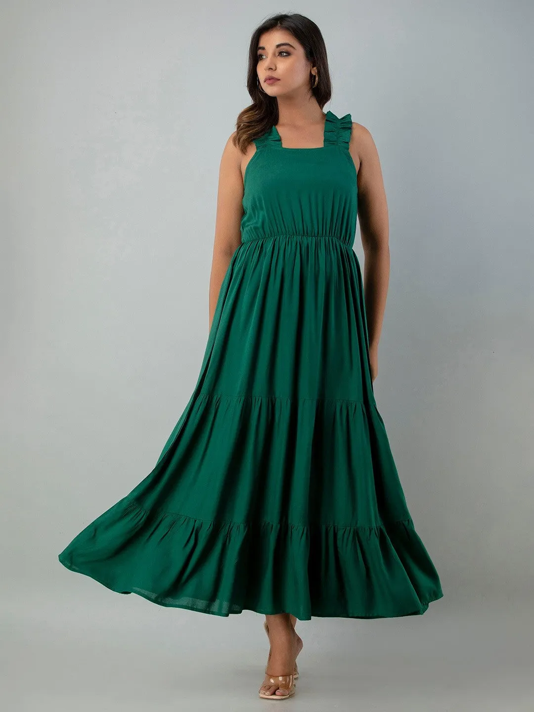 Green Solid Square Neck Maxi Dress