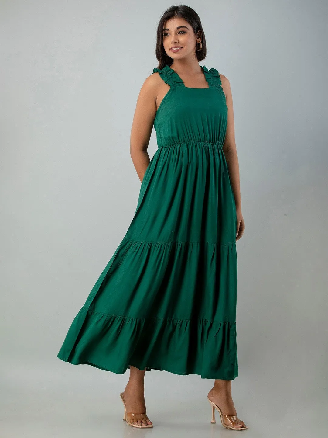 Green Solid Square Neck Maxi Dress