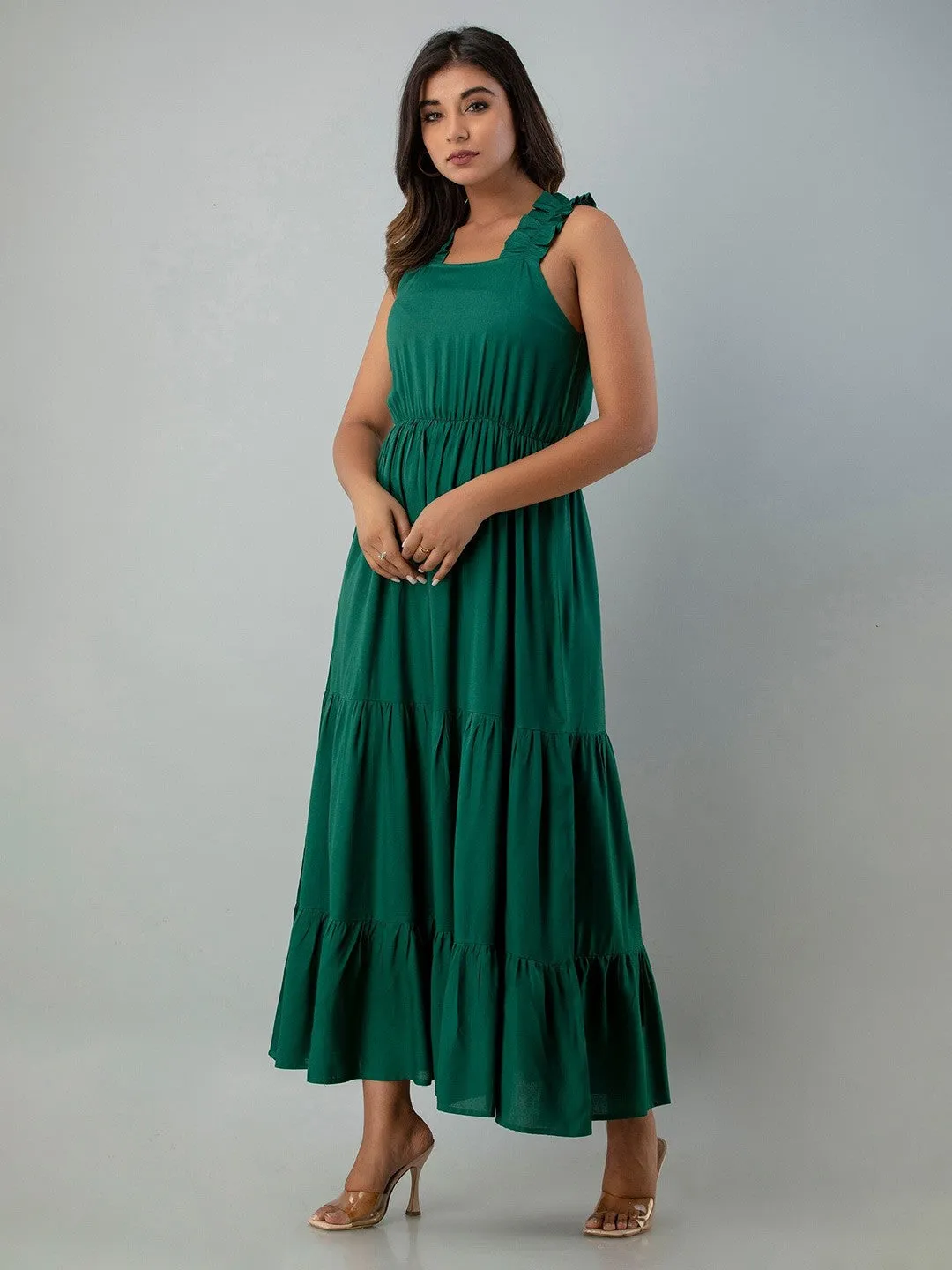 Green Solid Square Neck Maxi Dress
