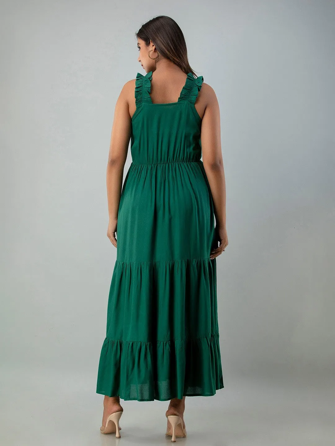 Green Solid Square Neck Maxi Dress