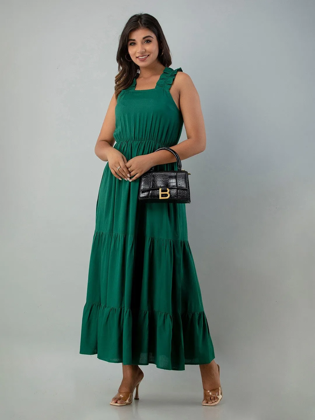 Green Solid Square Neck Maxi Dress