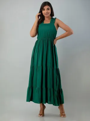 Green Solid Square Neck Maxi Dress