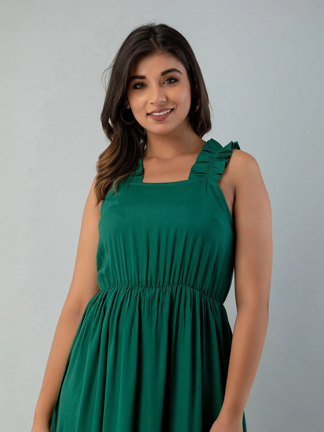 Green Solid Square Neck Maxi Dress