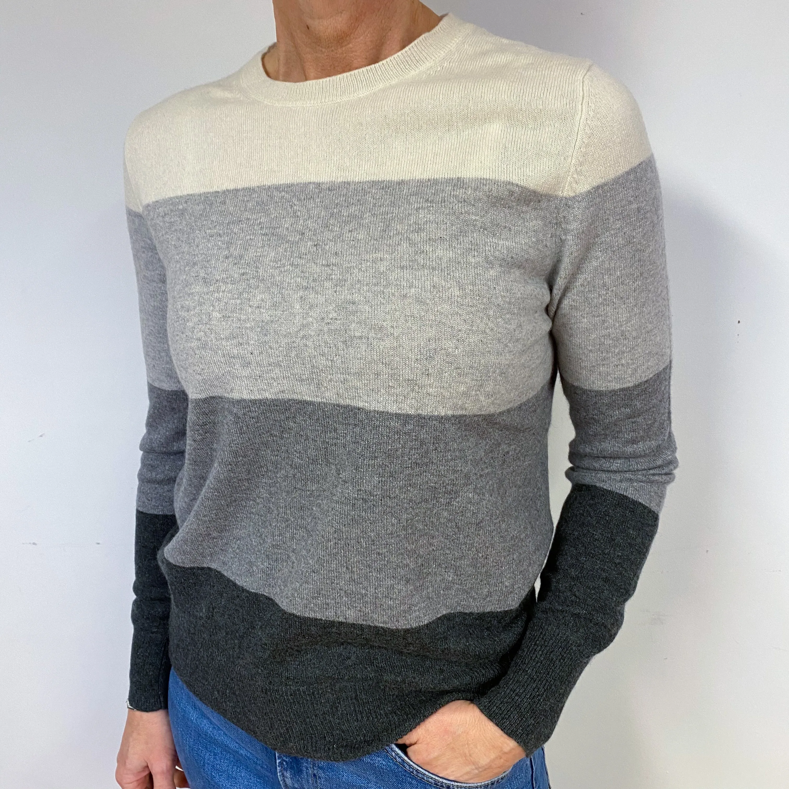 Grey and Cream Cashmere Crew Neck Jumper Medium