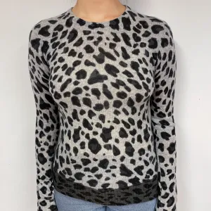 Grey Animal Print Cashmere Crew Neck Jumper Small