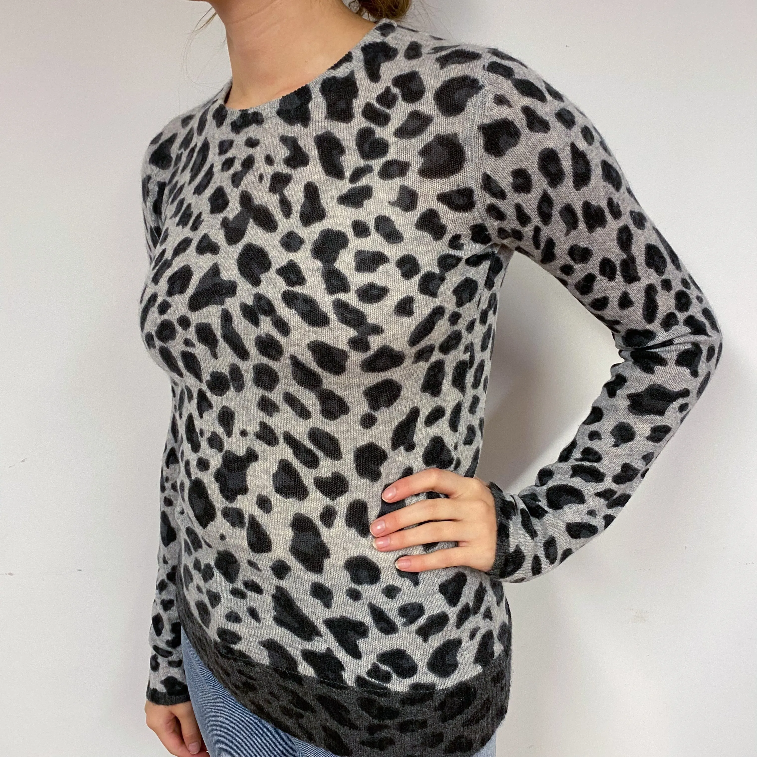 Grey Animal Print Cashmere Crew Neck Jumper Small