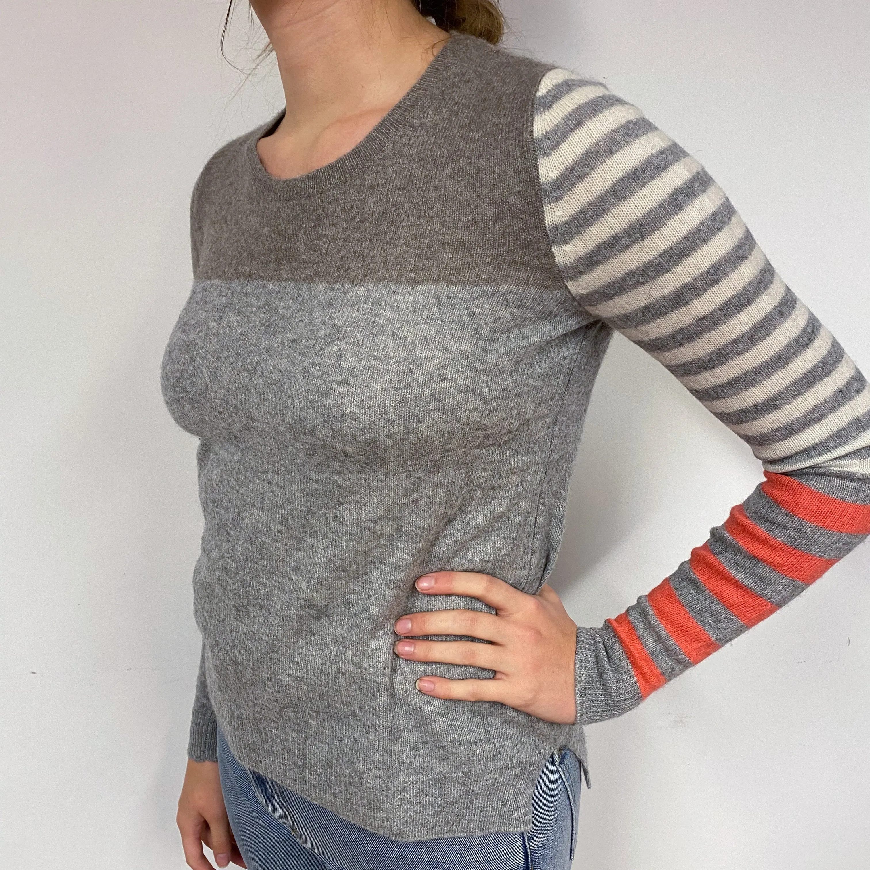 Grey Colour Block Stripe Cashmere Crew Neck Jumper Small