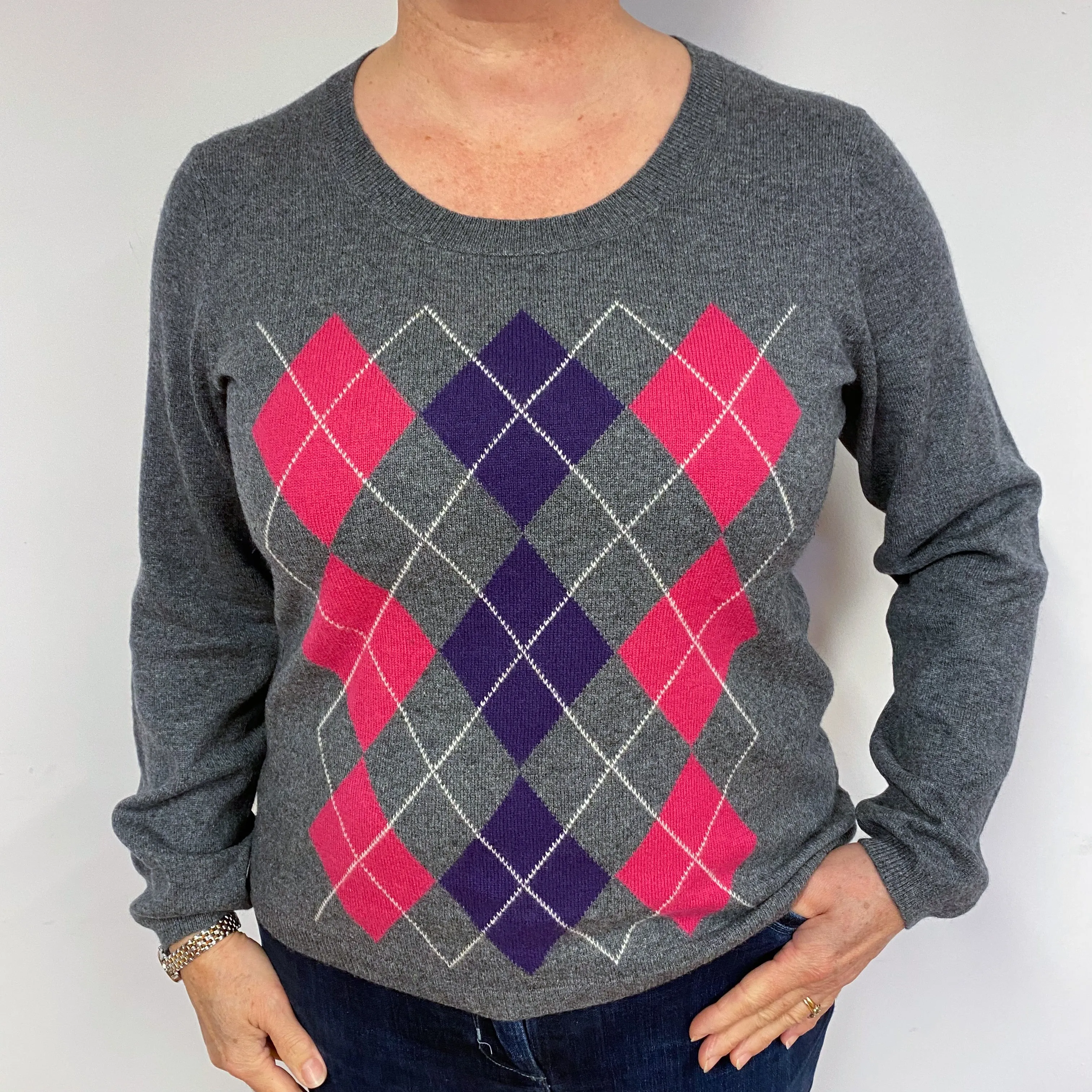 Grey Diamond Cashmere Crew Neck Jumper Large