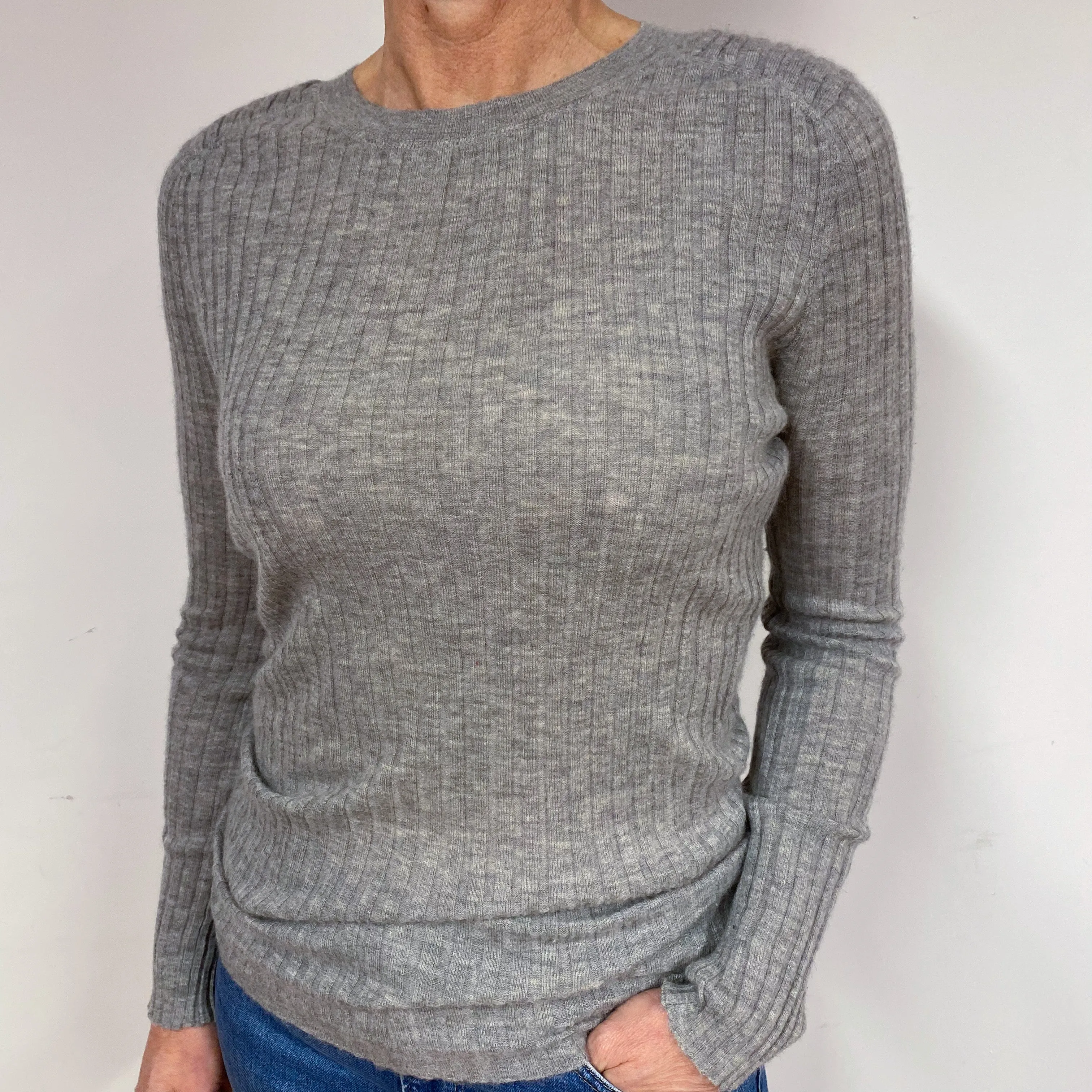 Grey Fine Knit Ribbed Cashmere Crew Neck Jumper Medium