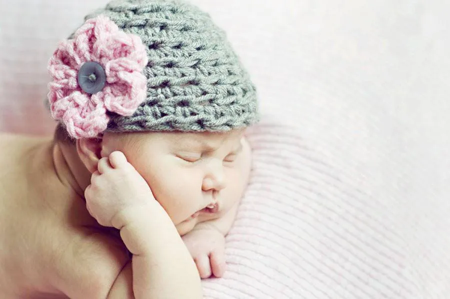 Grey Newborn Baby Hat Soft Pink Flower