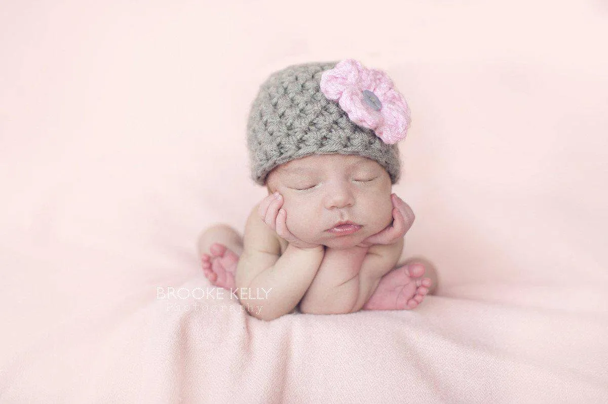 Grey Newborn Baby Hat Soft Pink Flower