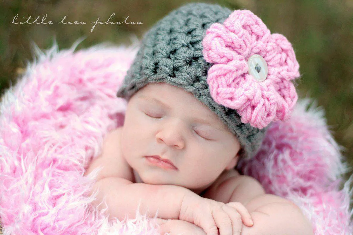 Grey Newborn Baby Hat Soft Pink Flower