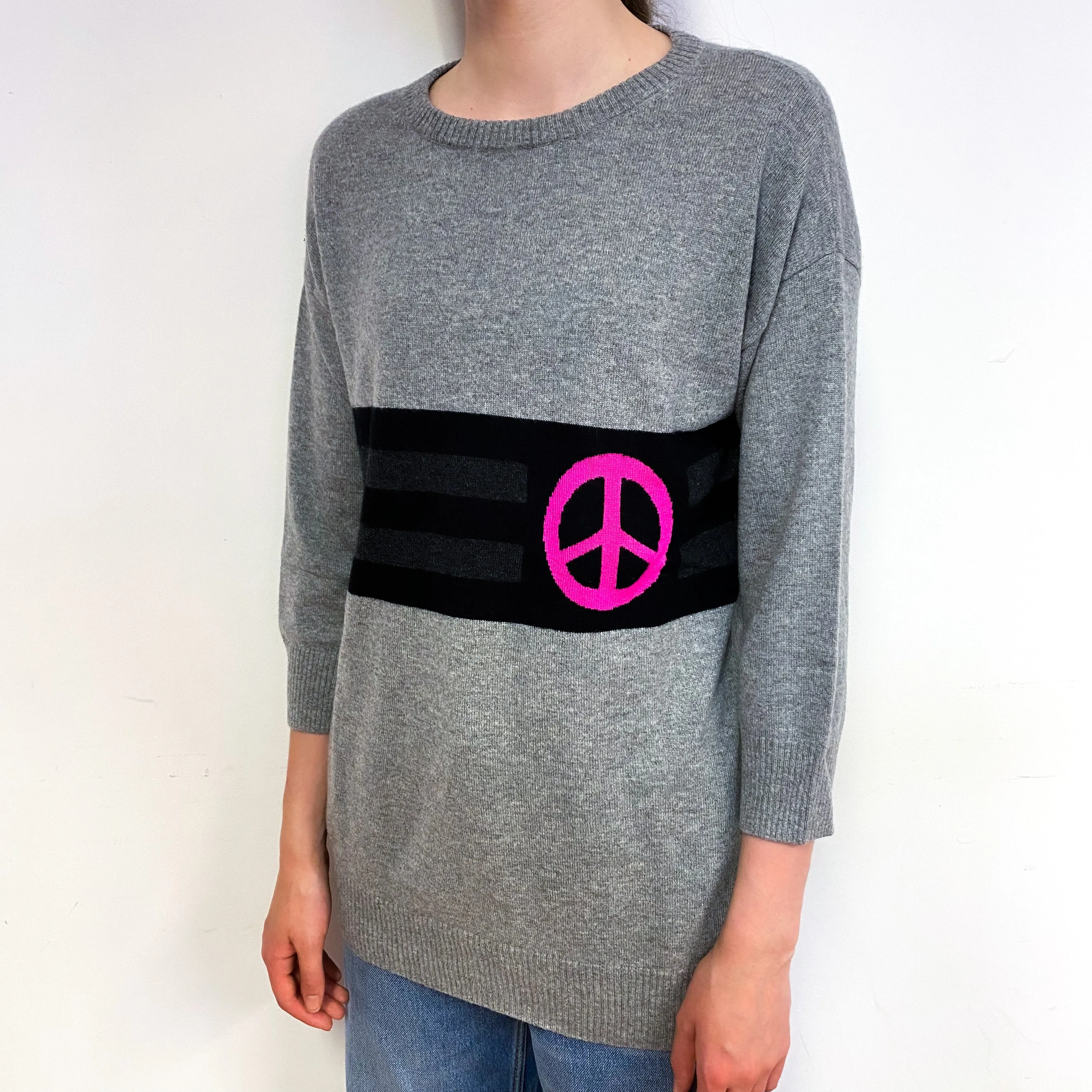 Grey Peace Motif Cashmere Crew Neck Jumper Extra Small