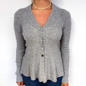 Grey Ribbed Floaty Hem Cashmere V-Neck Cardigan Small