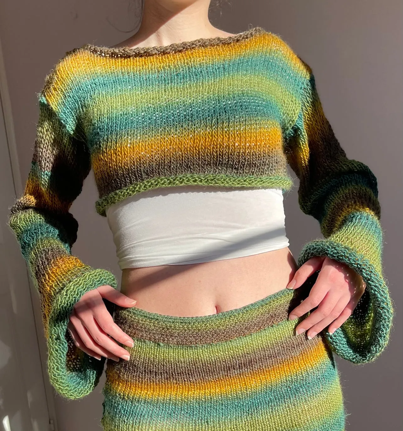 Handmade knitted ombré cropped jumper - Forest colourway