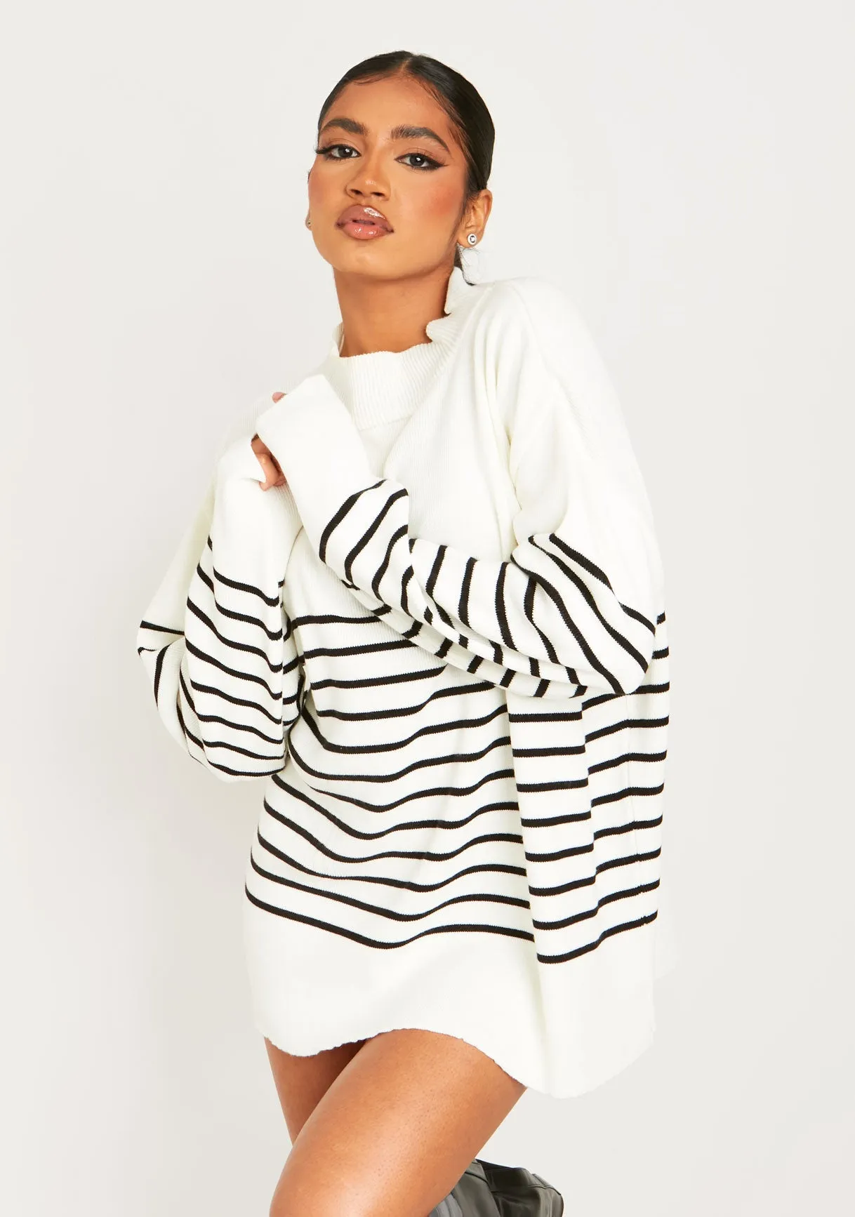 Harriett White & Black High Neck Oversized Long Sleeve Jumper