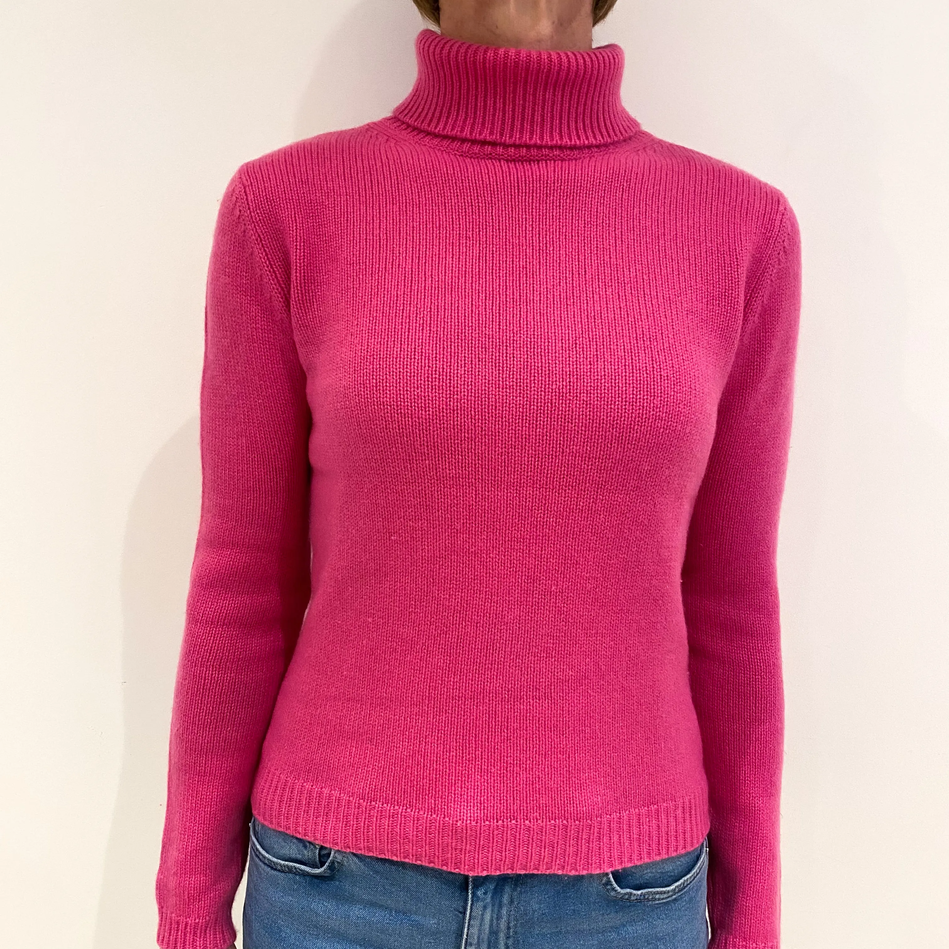 Heavy Knit Lupin Pink Cashmere Polo Neck Jumper Small