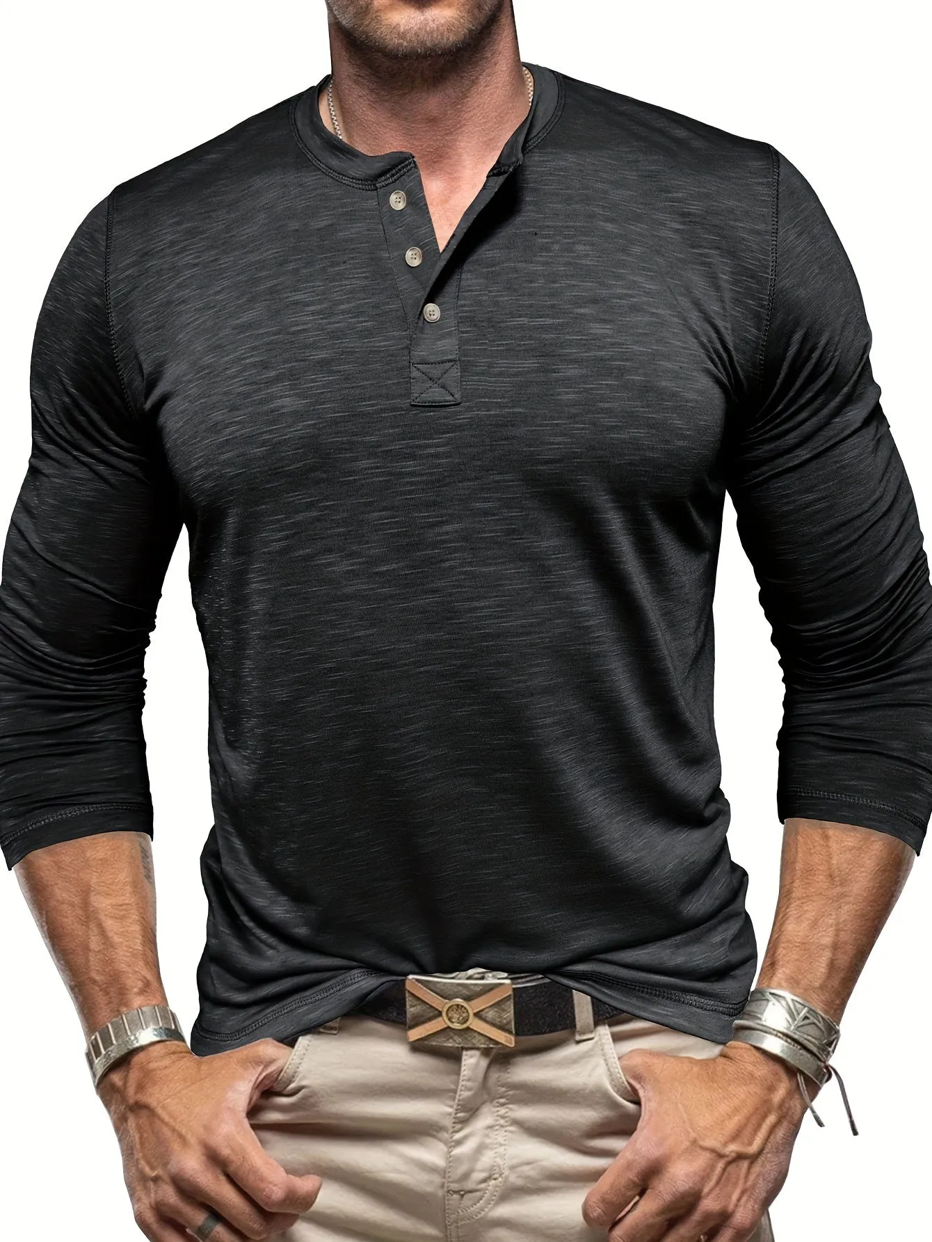HeerFit - Heren Lange Mouw Henley Shirt met Klassieke Knoopsluiting
