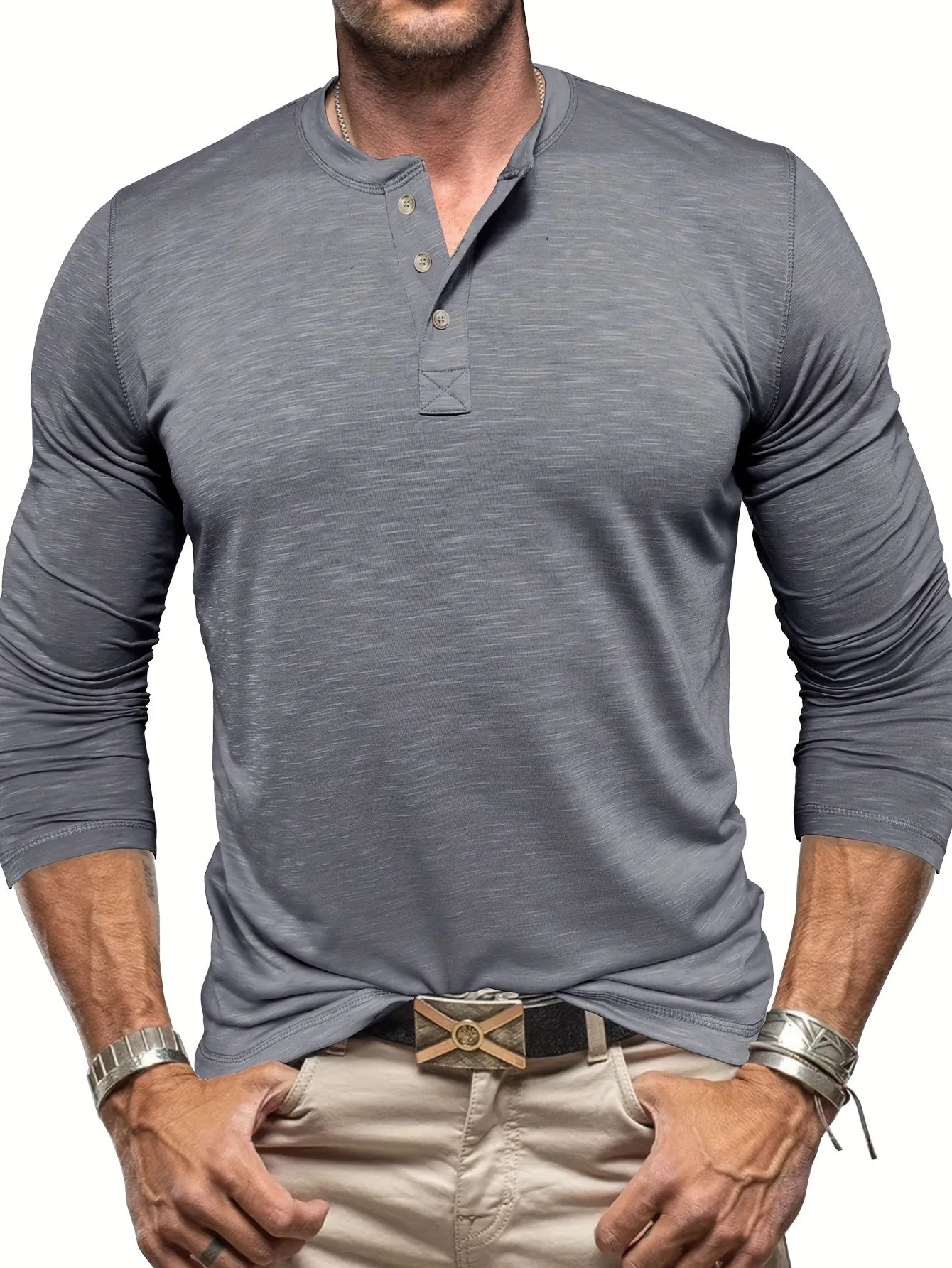 HeerFit - Heren Lange Mouw Henley Shirt met Klassieke Knoopsluiting