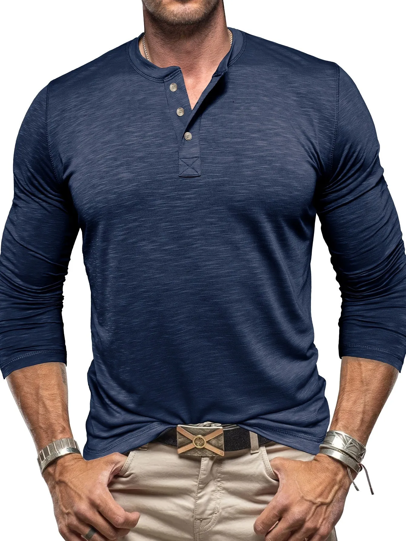 HeerFit - Heren Lange Mouw Henley Shirt met Klassieke Knoopsluiting