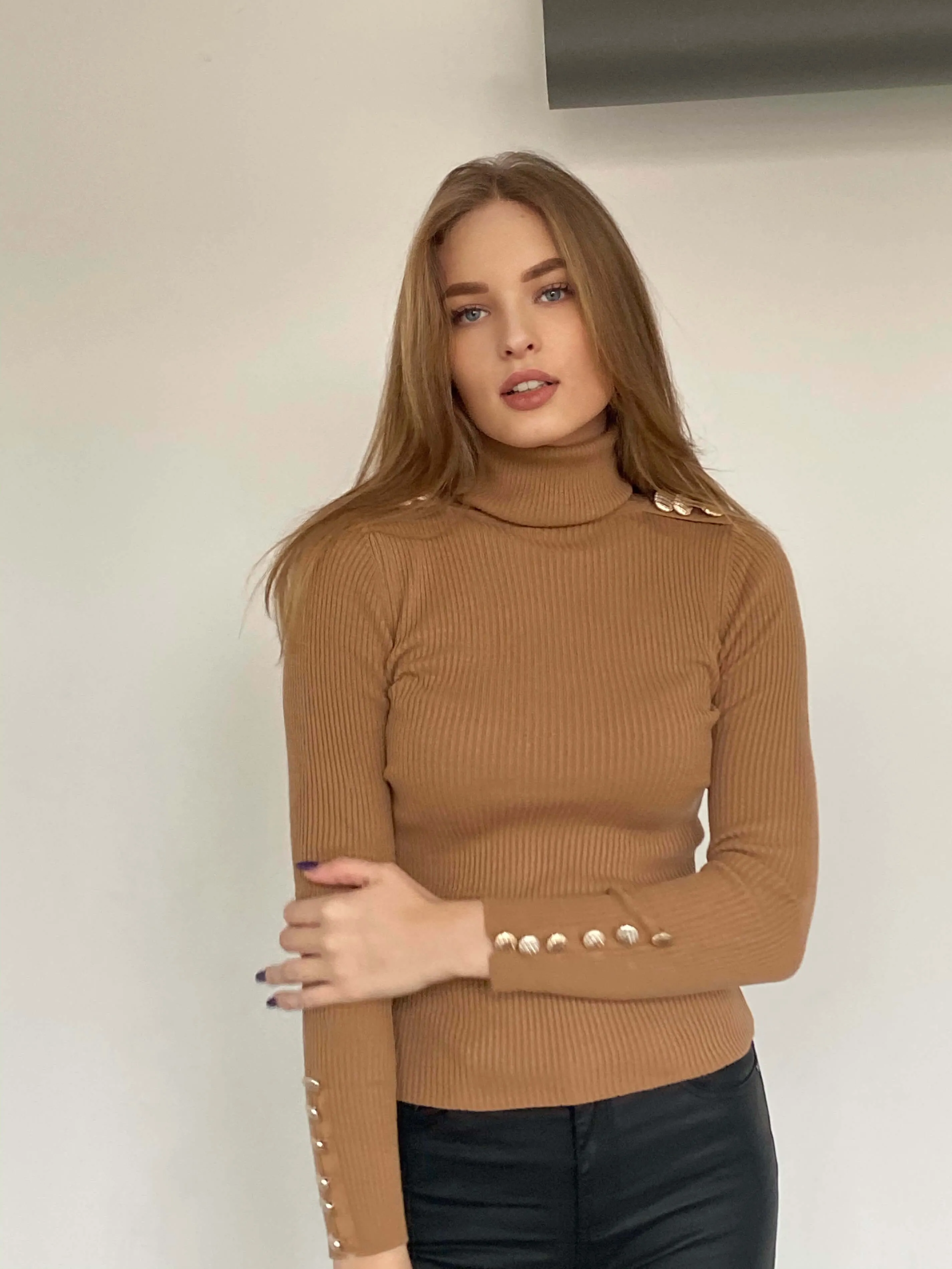 High Neck Ribbed Jumper with Buttons - Caramel