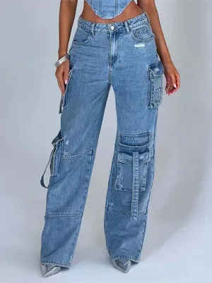Hyllie Jeans | Hoge Taille Denim Cargo Jeans
