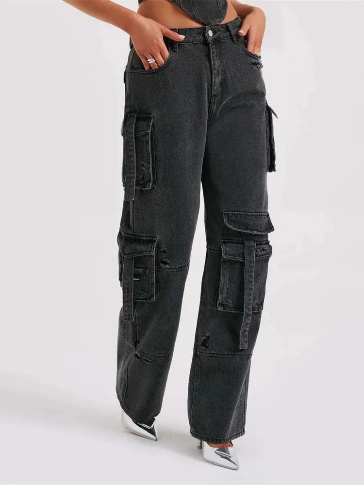 Hyllie Jeans | Hoge Taille Denim Cargo Jeans