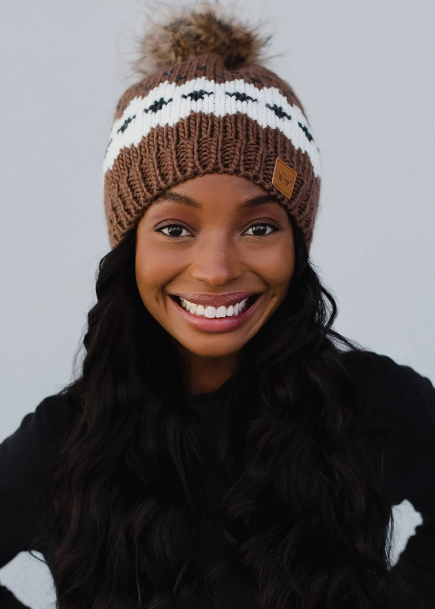 Light Brown Patterned Pom Beanie