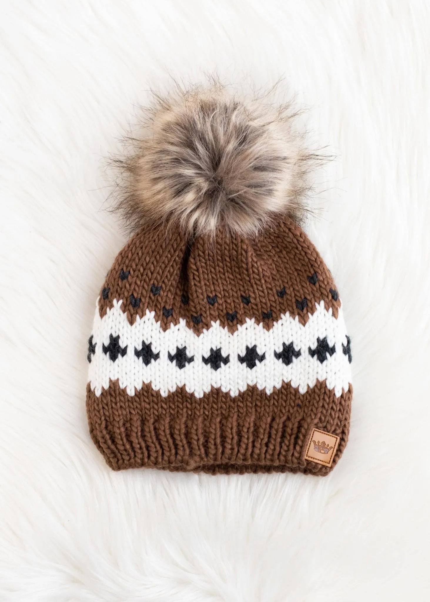 Light Brown Patterned Pom Beanie