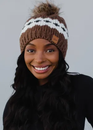 Light Brown Patterned Pom Beanie