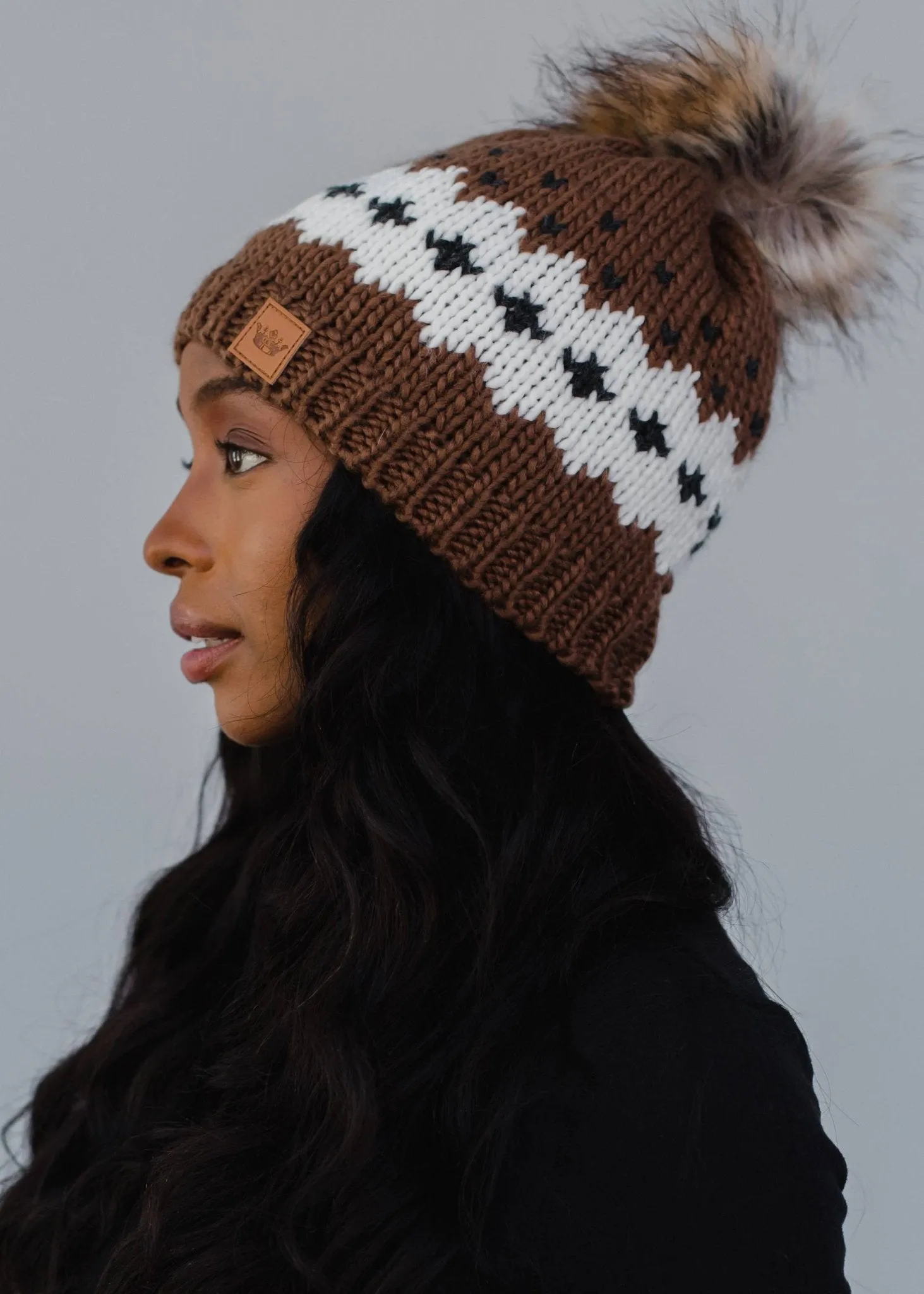 Light Brown Patterned Pom Beanie