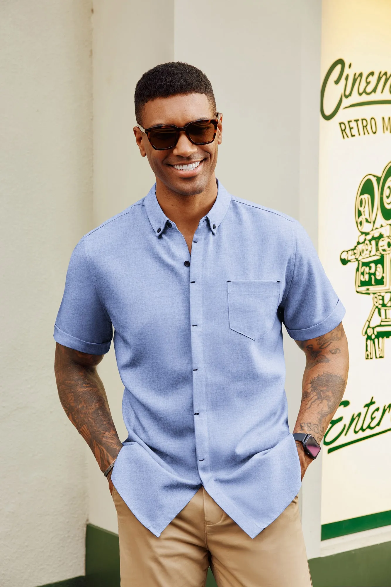 Men Hidden Placket Shirt Short Sleeve Lapel Collar Button-up Tops