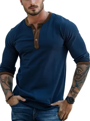 Men's Contrast Color Stitching Vintage Henley Collar Long Sleeve T-Shirt