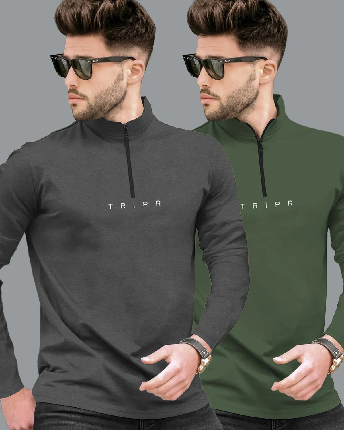 Mens High Neck Full Sleeve T-shirts (Pack Of 2) / Dark Grey & Olivegreen