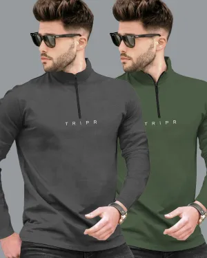 Mens High Neck Full Sleeve T-shirts (Pack Of 2) / Dark Grey & Olivegreen