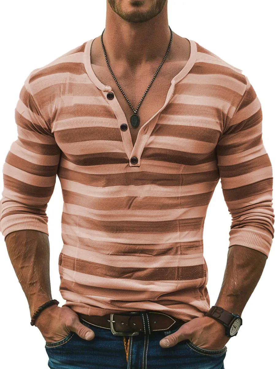 Men's Stripe Print Slim Fit Long Sleeve Henley T-Shirt