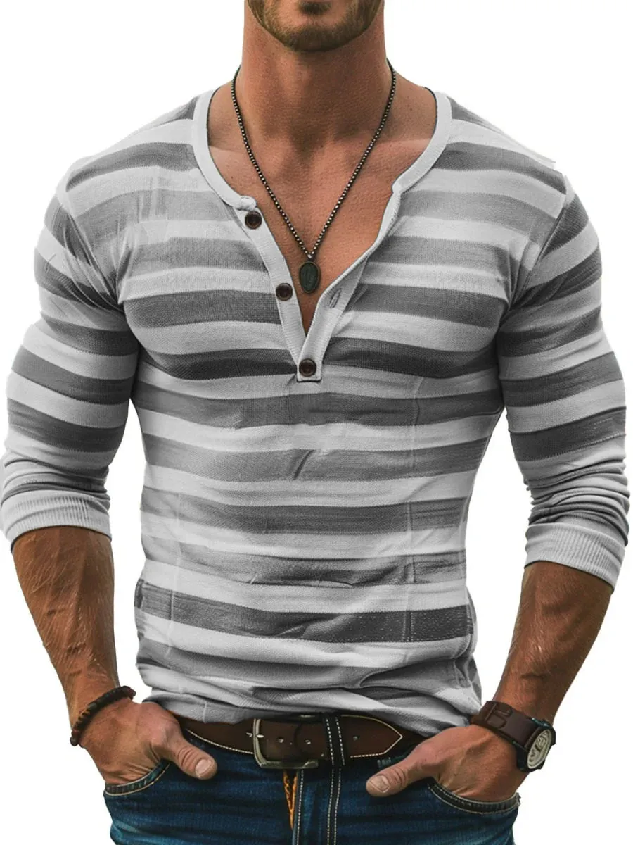 Men's Stripe Print Slim Fit Long Sleeve Henley T-Shirt