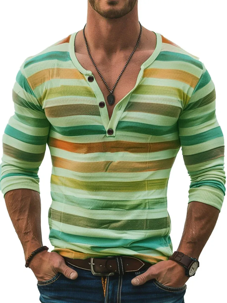 Men's Stripe Print Slim Fit Long Sleeve Henley T-Shirt